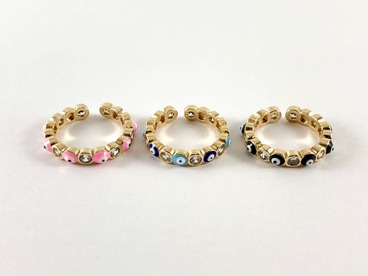 Colorful Enamel 18K Gold Plated Copper CZ Pave Evil Eye Adjustable Ring 4 pcs