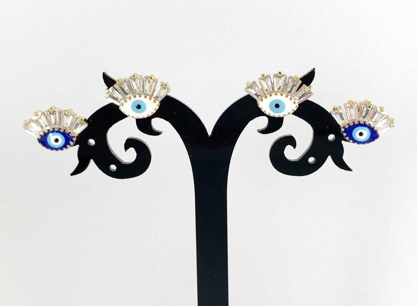 Cute Blue Evil Eye Earring Studs with CZ Pave in 18K gold plated Copper 5 pairs