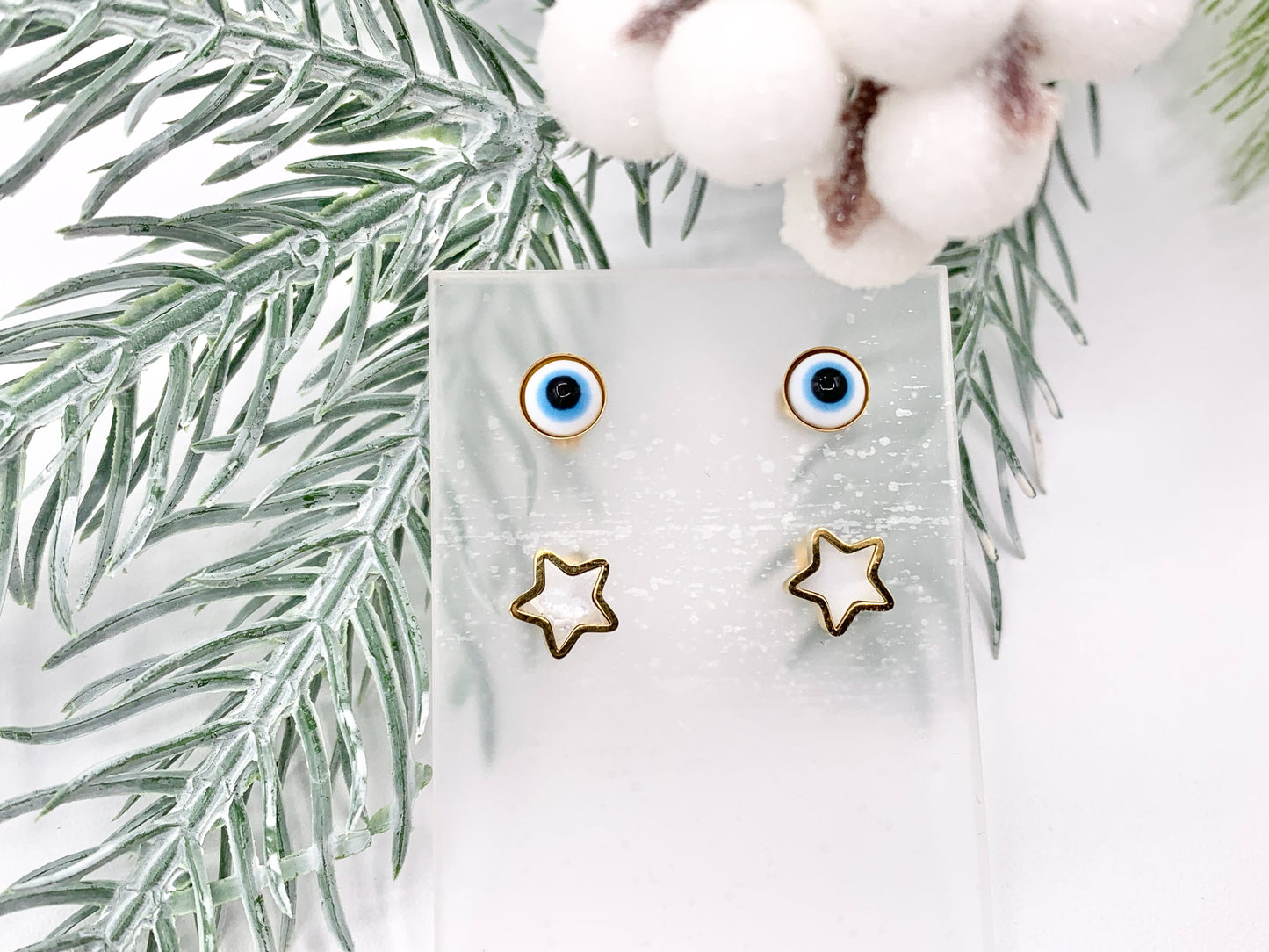 Stainless Steel Shell Star Evil Eye Earring Studs in 18K Gold plated Stainless Steel 5 pairs