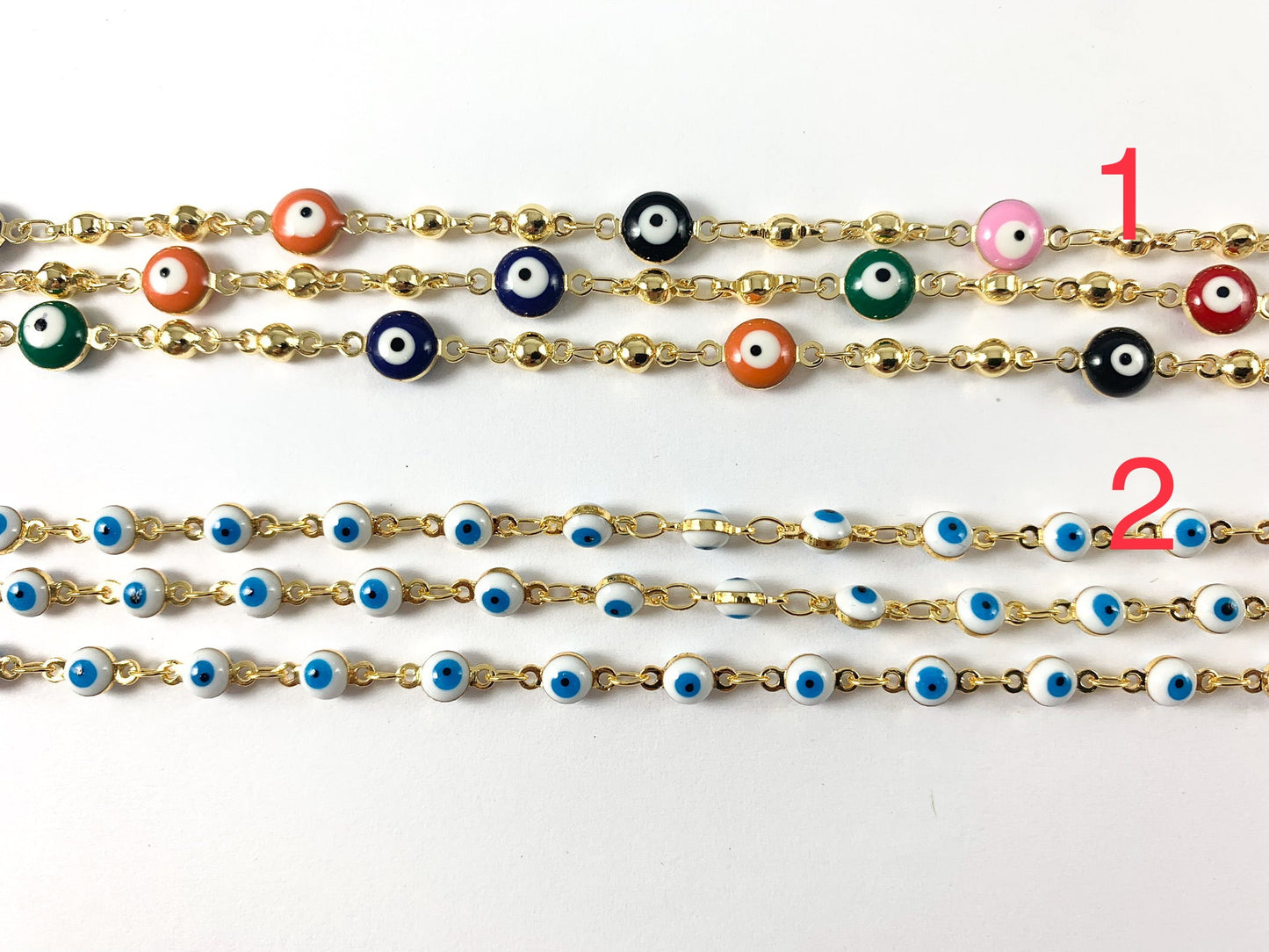 Real Gold 18K Plated Enamel Multicolor Blue White Tiny Evil Eye Yard Spool Chain
