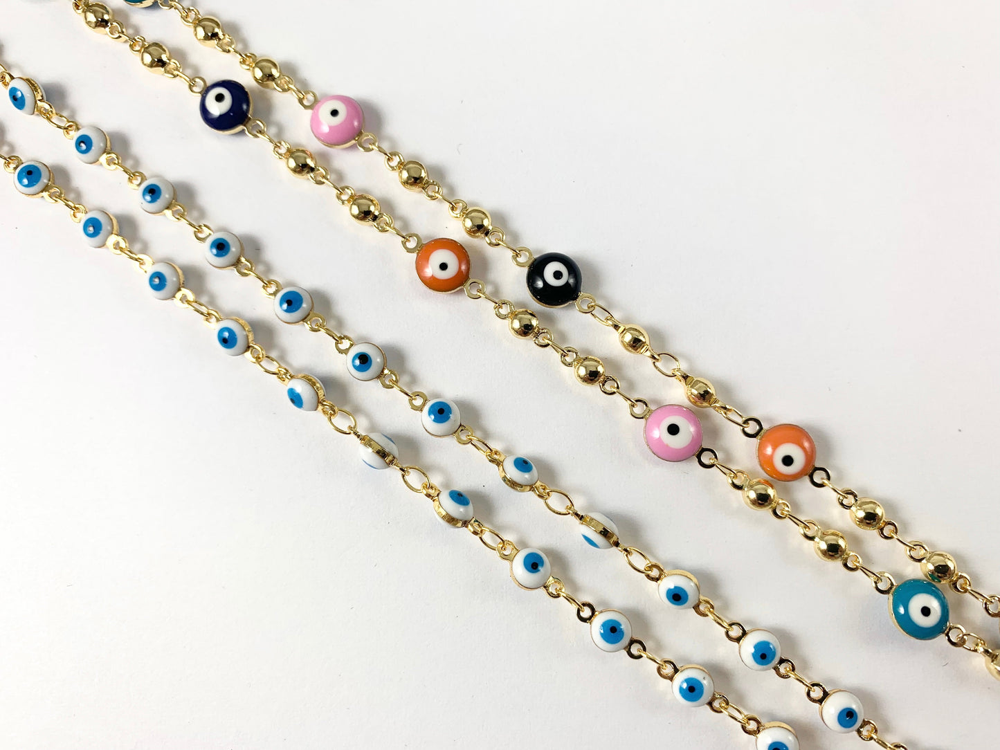 Real Gold 18K Plated Enamel Multicolor Blue White Tiny Evil Eye Yard Spool Chain