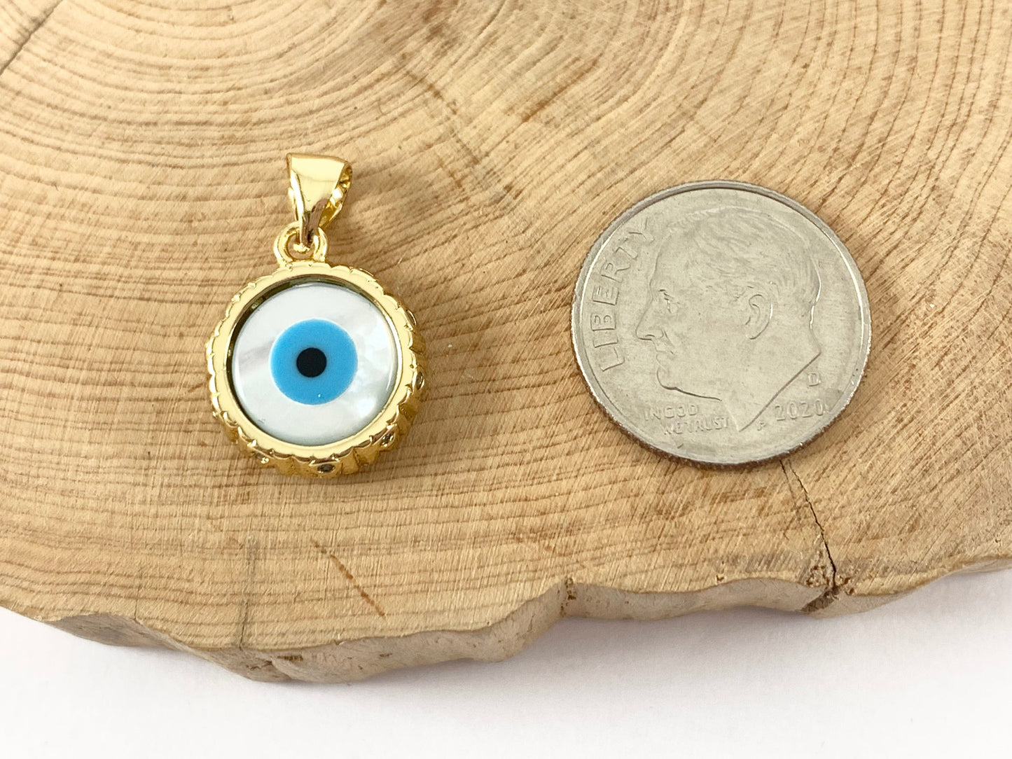 18K Real Gold Plated Brass CZ Pave Shell Eye Coin Circle Shape Charm Pendant 4 pcs