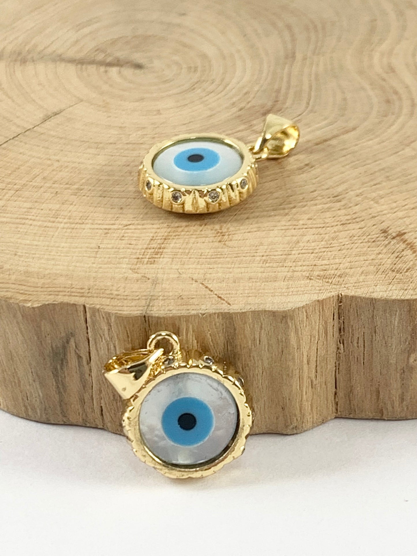 18K Real Gold Plated Brass CZ Pave Shell Eye Coin Circle Shape Charm Pendant 4 pcs