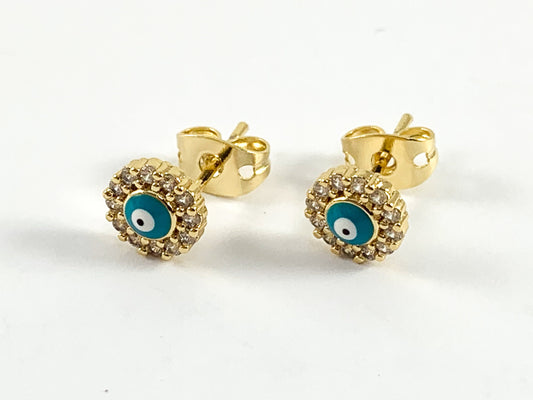Real Gold 18K Enamel CZ Pave Turquoise Evil Eye Pave Stud Earrings over Brass 5 pairs