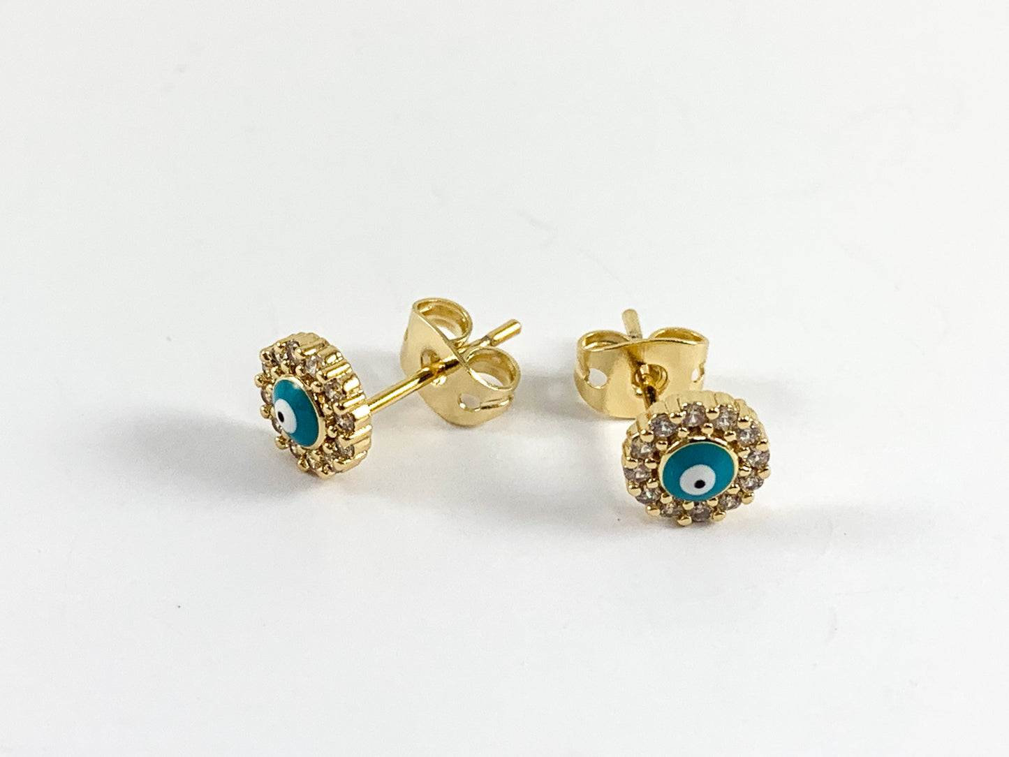 Real Gold 18K Enamel CZ Pave Turquoise Evil Eye Pave Stud Earrings over Brass 5 pairs