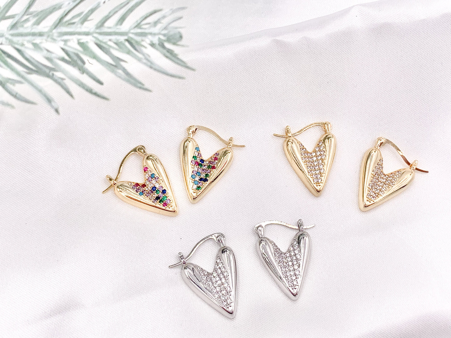 Unique Curved Heart Latch Back Earrings with Clear Multi CZ Pave Rhinestones over 18K Gold or Silver Plated Copper 3 pairs