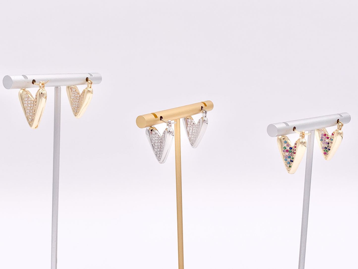 Unique Curved Heart Latch Back Earrings with Clear Multi CZ Pave Rhinestones over 18K Gold or Silver Plated Copper 3 pairs