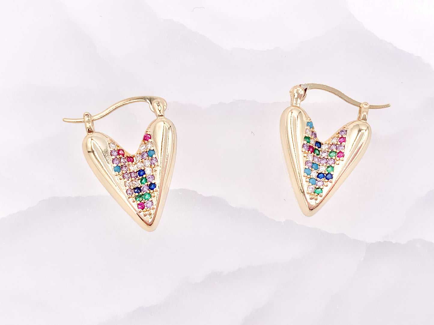 Unique Curved Heart Latch Back Earrings with Clear Multi CZ Pave Rhinestones over 18K Gold or Silver Plated Copper 3 pairs