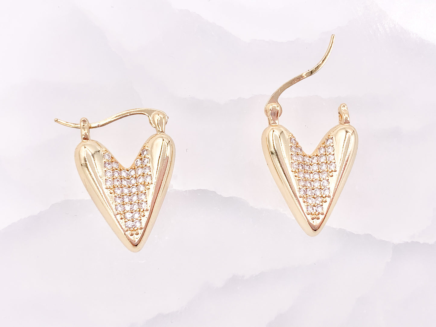 Unique Curved Heart Latch Back Earrings with Clear Multi CZ Pave Rhinestones over 18K Gold or Silver Plated Copper 3 pairs