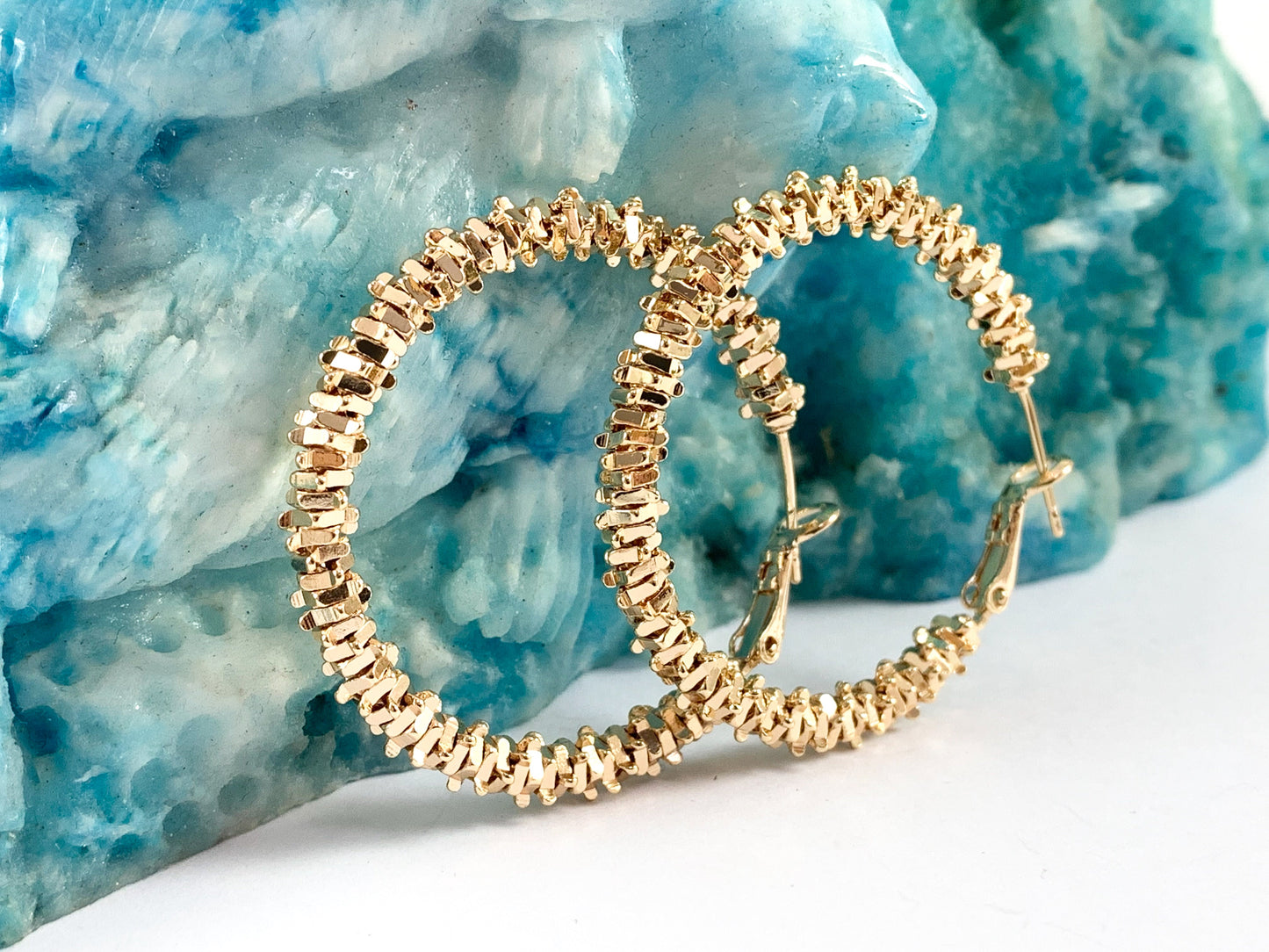 18K Real Gold Plated Flat Twisted Wreath Big Chunky Earrings Hoops 3 pairs