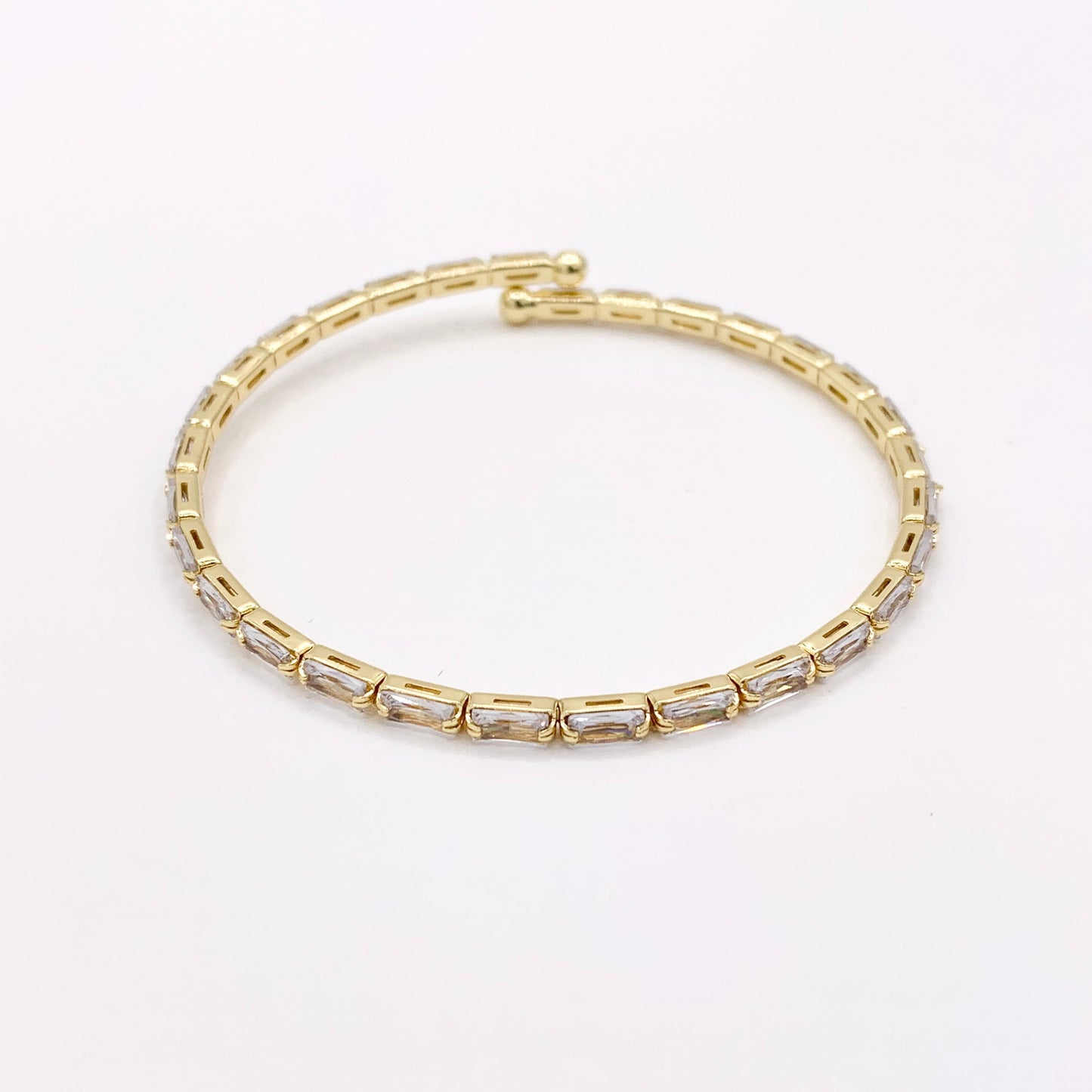 Gold flexible bangle Easy slip-on fit CZ Baguette Pave Rhinestone Bracelet in Real Gold 18K Plated Copper 4 pcs