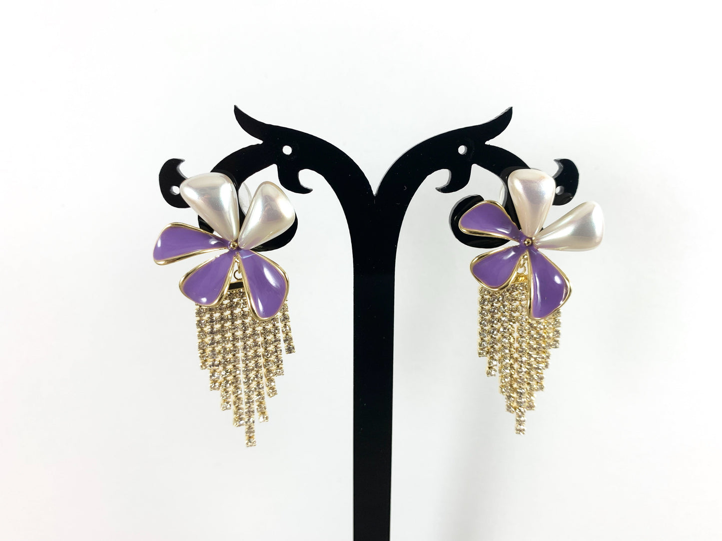 Real 18K Gold Plated Enamel Green Purple Pearl Daisy Flower Rhinestone Fringe Tassel Earrings Over Copper 1 pair