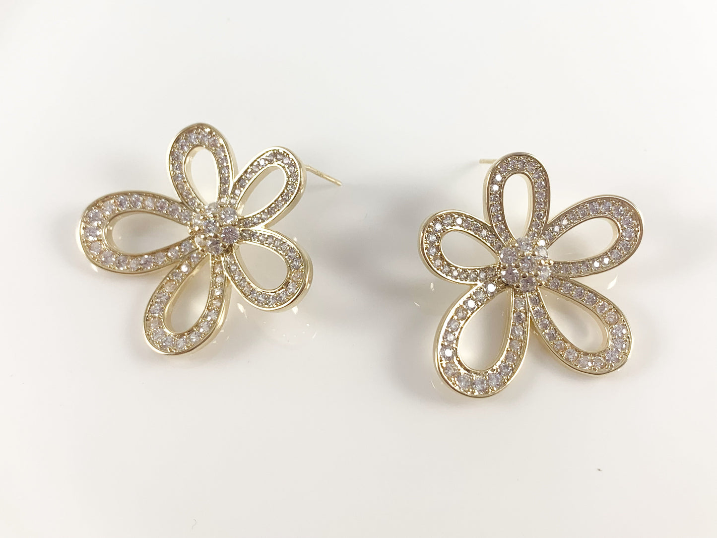 Real 18K Gold/Silver Plated CZ Pave Big Statement Flower Earrings Over Copper 2 pairs