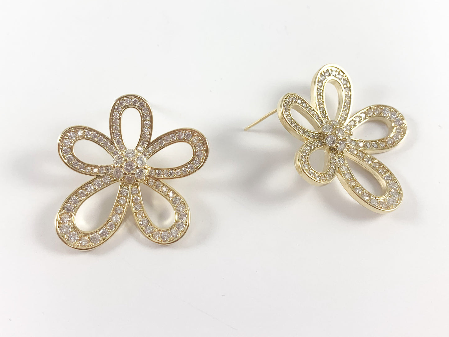 Real 18K Gold/Silver Plated CZ Pave Big Statement Flower Earrings Over Copper 2 pairs