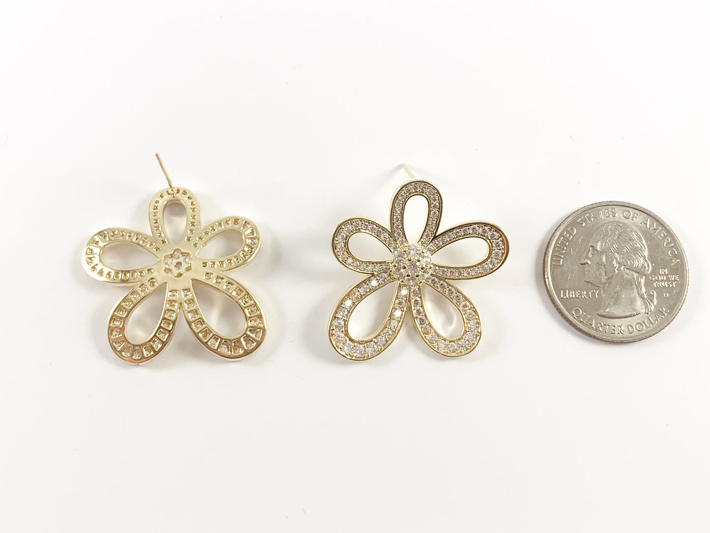 Real 18K Gold/Silver Plated CZ Pave Big Statement Flower Earrings Over Copper 2 pairs
