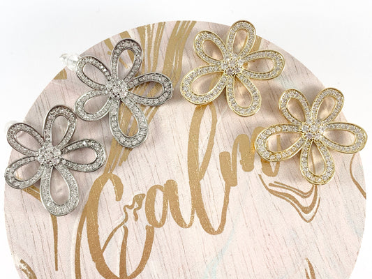 Real 18K Gold/Silver Plated CZ Pave Big Statement Flower Earrings Over Copper 2 pairs