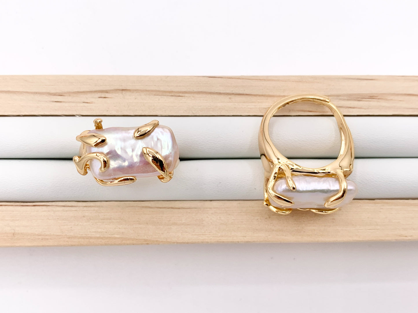 Freshwater Pearl Rings in 18K Real Gold Plated Copper Adjustable Statement Ring 4 pcs
