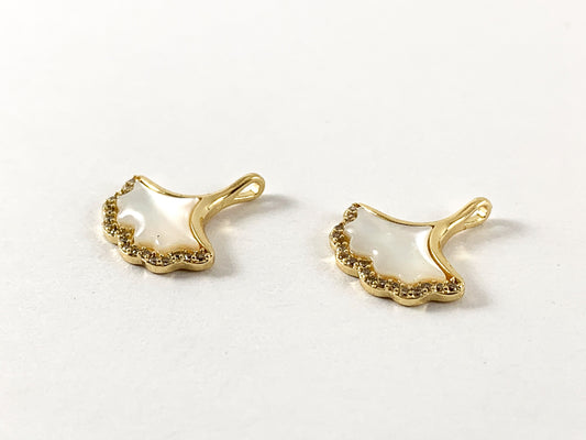 Real Gold Plated 18K Micro CZ Pave Ginkgo Leaf White Lip Shell Charm Over Copper 6pc