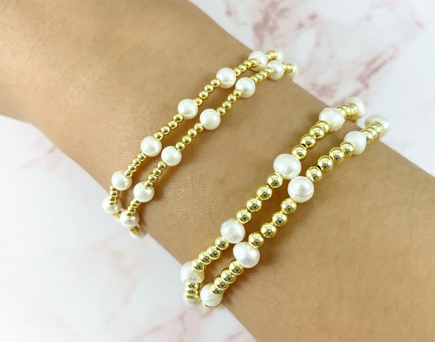 18K Gold Plated Hematite Freshwater Pearl Glass Pearl Dainty Stretchy Bracelet 1 piece