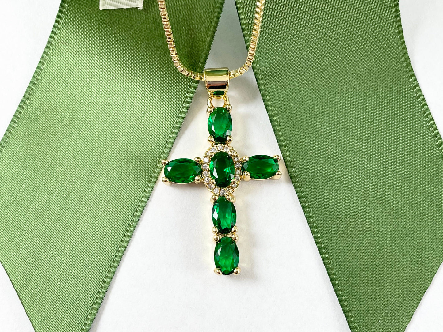 Real Gold 18K Plated Micro CZ Pave Green Emerald Cross Charm Pendant Over Copper 5pcs