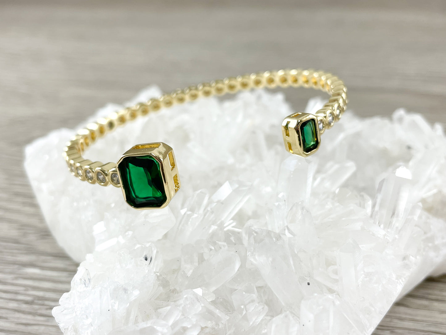 Emerald CZ Pave Rectangle Rhinestone Fancy Open Front Bracelet Cuffs in 18K Gold Plating
