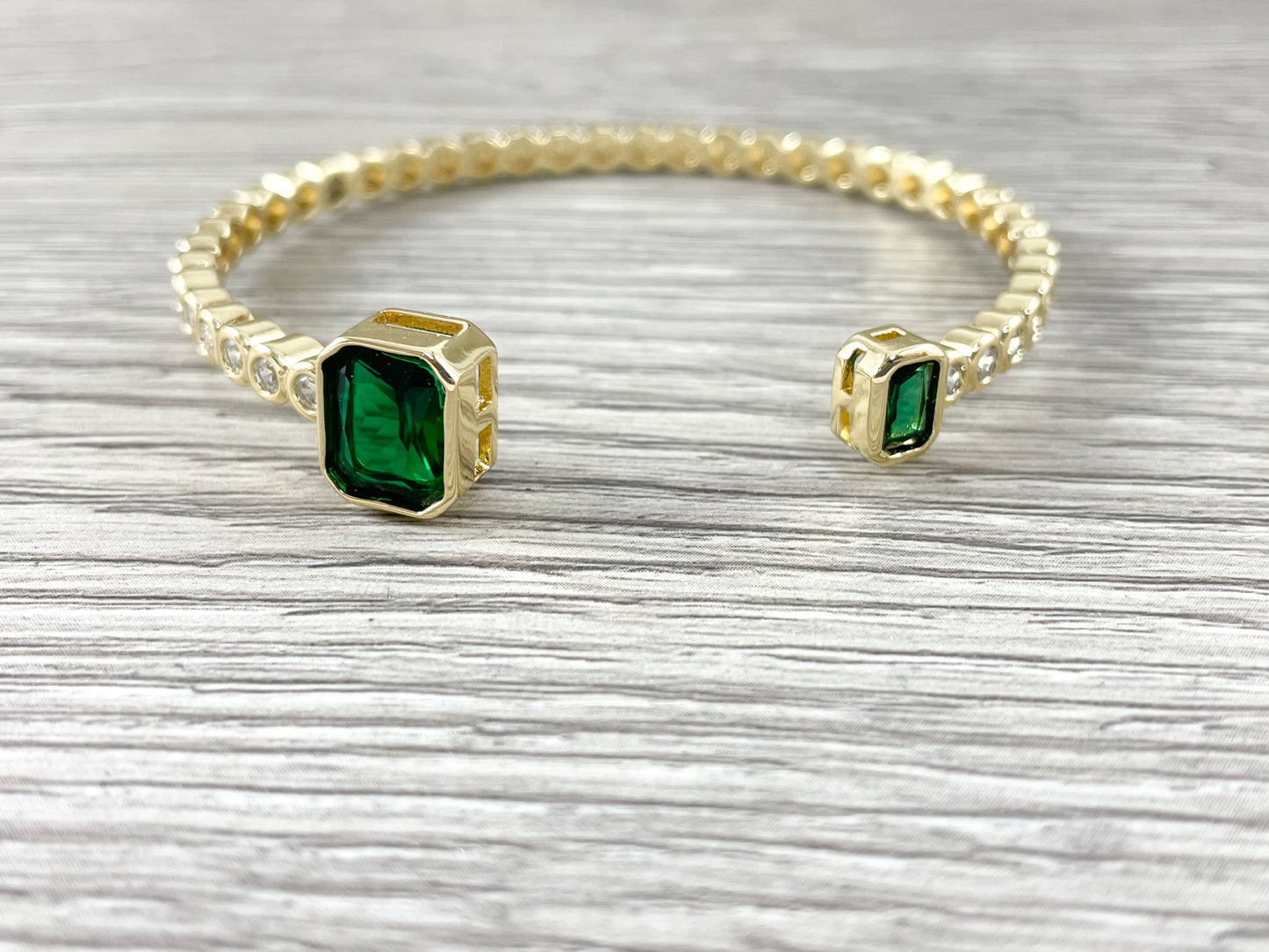Emerald CZ Pave Rectangle Rhinestone Fancy Open Front Bracelet Cuffs in 18K Gold Plating