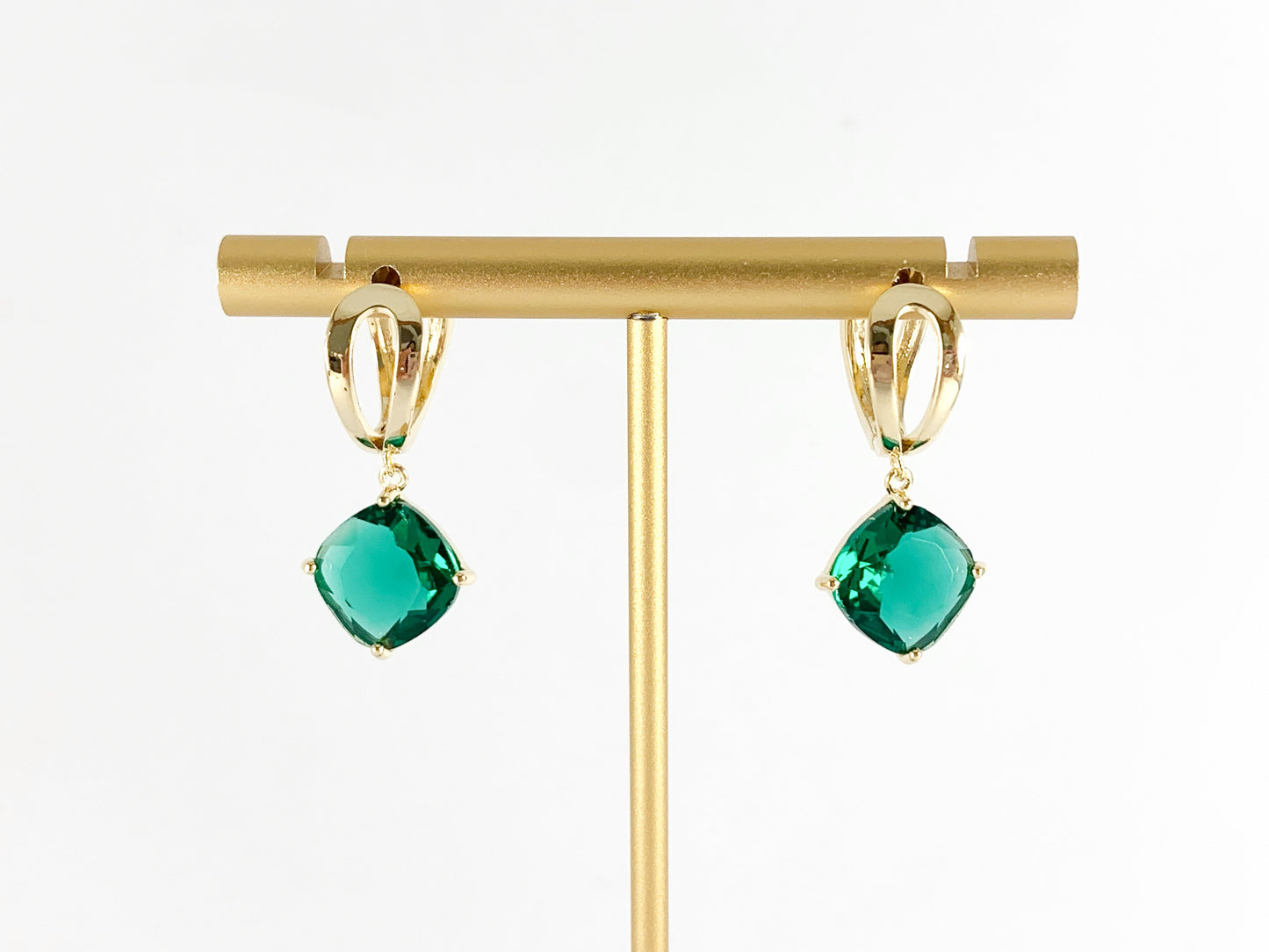 Real 18K Gold Plated Green Diamond Shape Dangle Earrings Over Copper 3 pairs