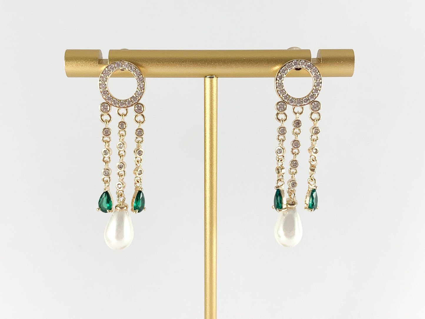 Pearl drop Earrings Circle Green CZ Emerald Tassel Earrings in Real 18K Gold or Silver Plated Drop Tassel Earring Over Copper 1 pair