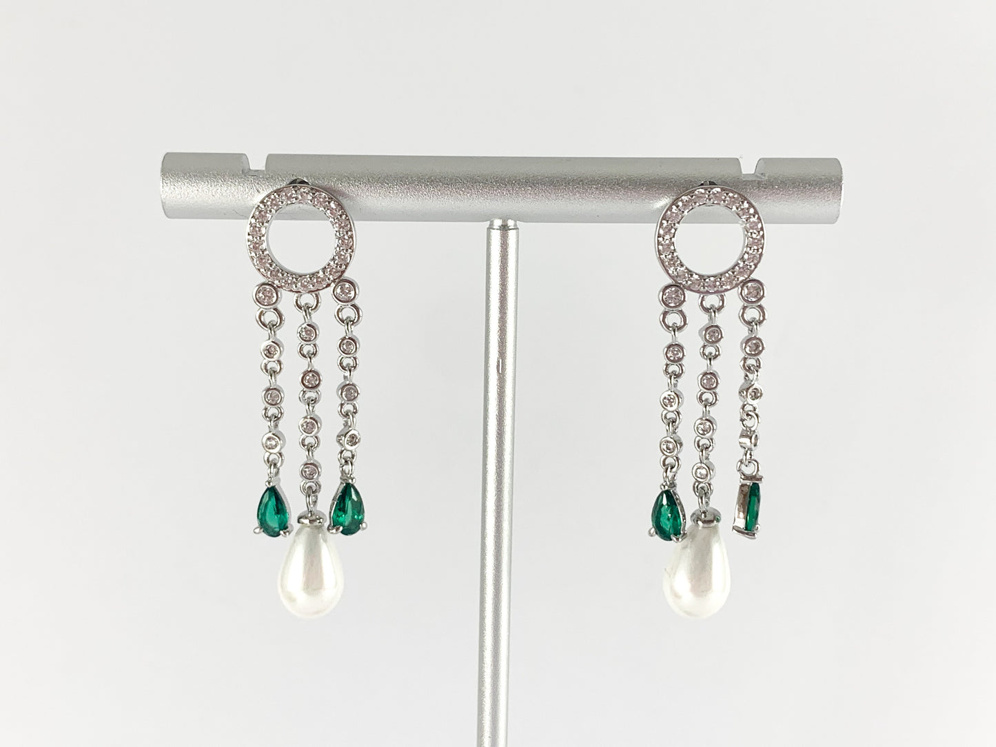Pearl drop Earrings Circle Green CZ Emerald Tassel Earrings in Real 18K Gold or Silver Plated Drop Tassel Earring Over Copper 1 pair
