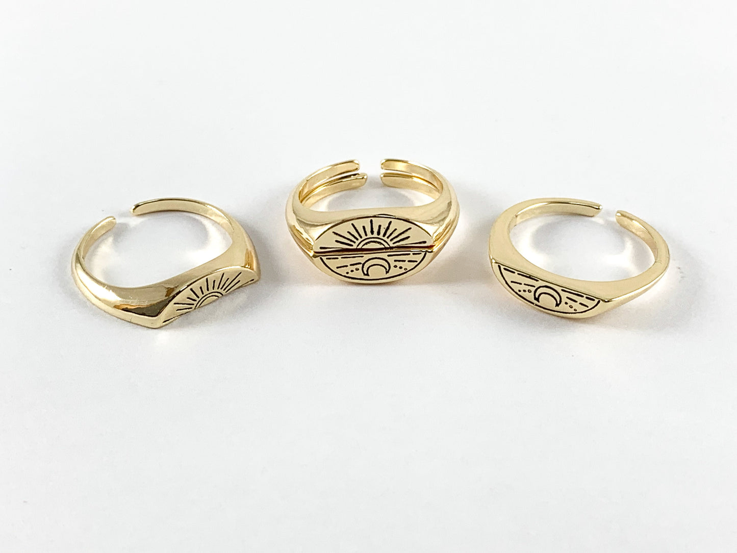 Real 18K Gold Plated Mix Matched Half Sun Moon Friendship Other Half Adjustable Ring 3 pairs