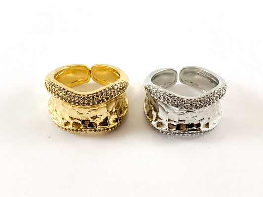 18K Real Gold/Platinum Plated CZ Pave Wavy Hammered Thick Cuff Ring 4pcs Size 6