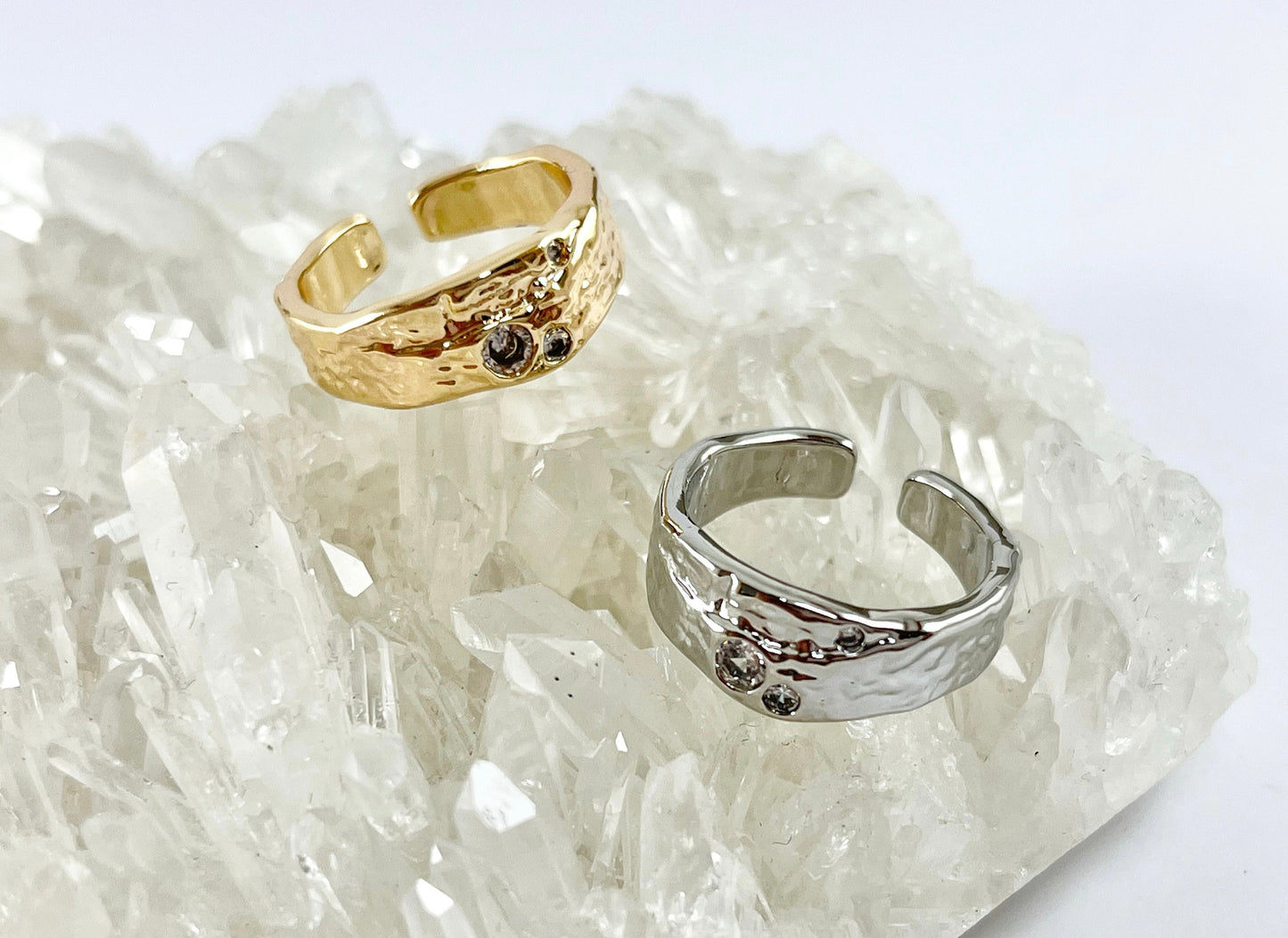 Real 18K Gold/Silver Plated Hammered CZ Pave Adjustable Ring Band 4pcs