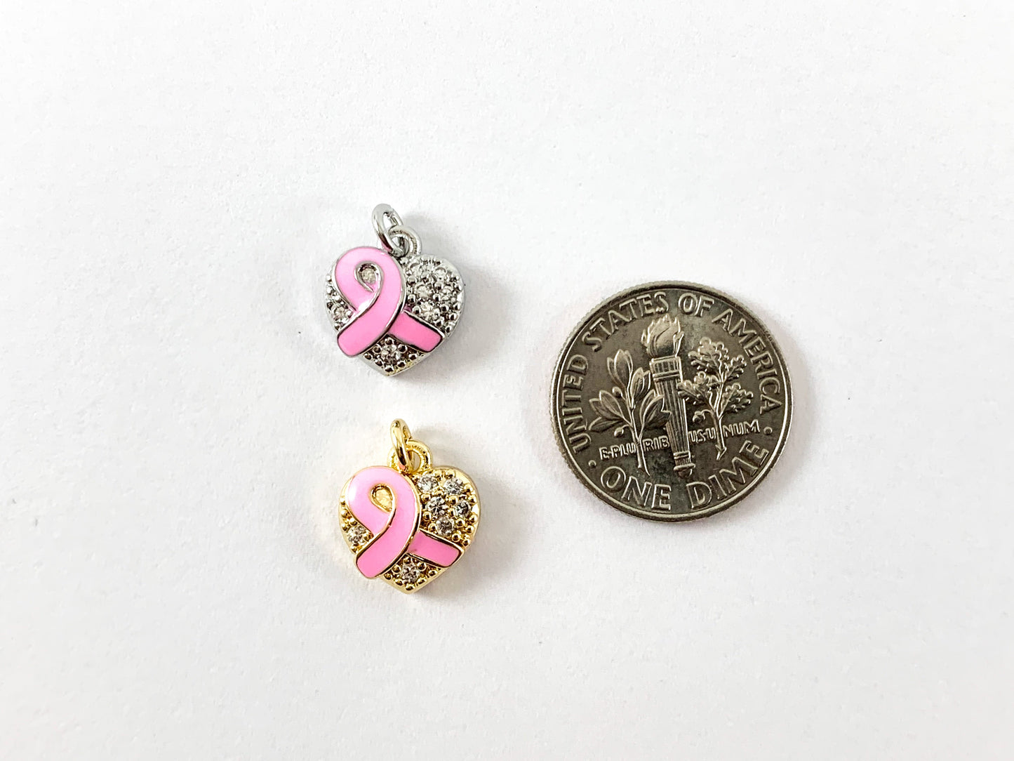 Real Gold 18K Plated Micro CZ Enamel Heart Breast Cancer Ribbon Charm Over Copper 6pc