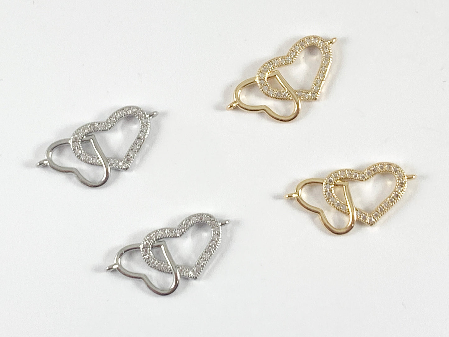 Dainty Double Hearts CZ Pave Connector in 18K Gold or Silver Plated Over Brass 6 pcs
