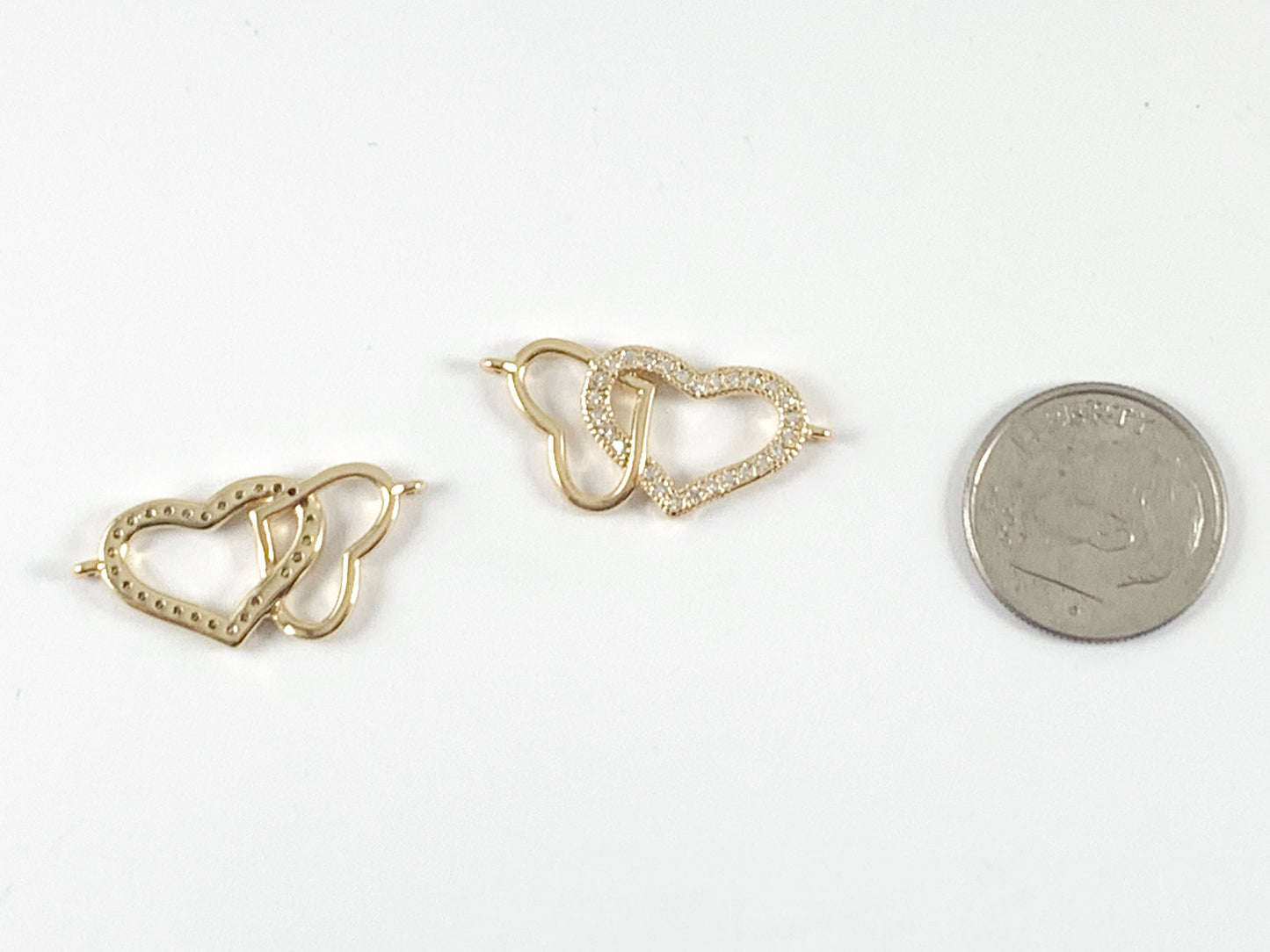 Dainty Double Hearts CZ Pave Connector in 18K Gold or Silver Plated Over Brass 6 pcs