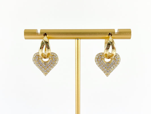 Real Gold/Silver 18K Micro CZ Pave Dangle Heart Earrings Huggies 3 pairs