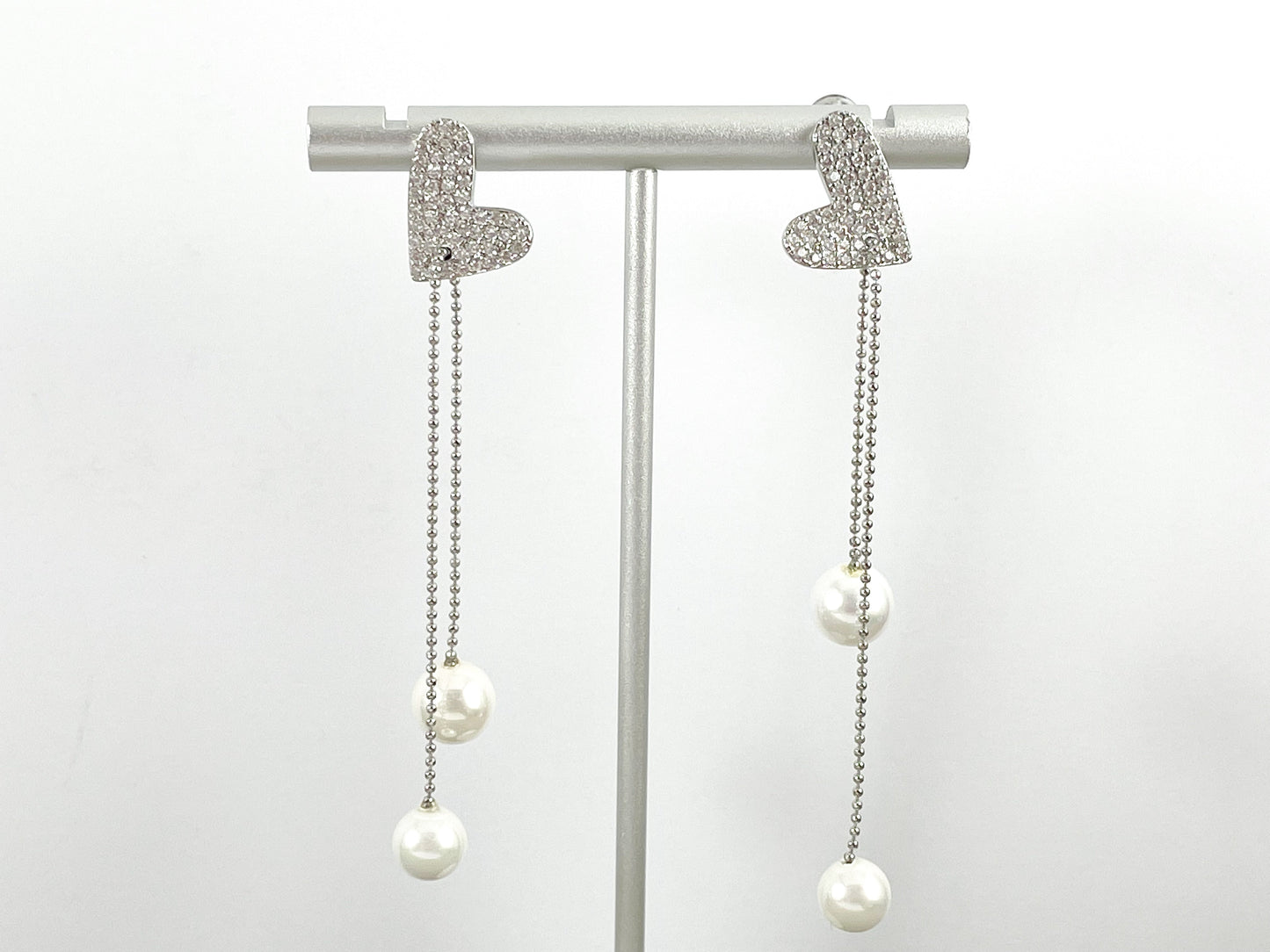 18K Gold/Platinum Plated CZ Pave Pearl Dainty Delicate Heart Fringe Tassel Earrings Over Copper 1 pair