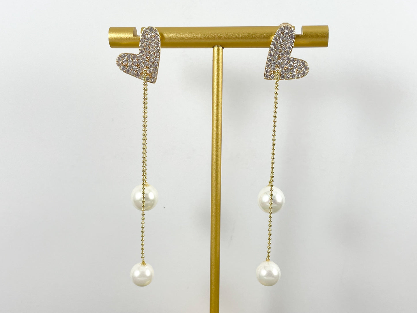 18K Gold/Platinum Plated CZ Pave Pearl Dainty Delicate Heart Fringe Tassel Earrings Over Copper 1 pair