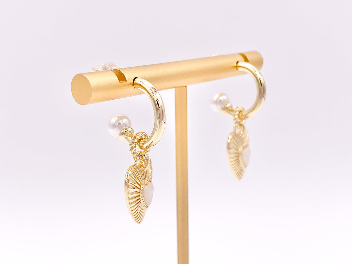 Cute Dangle Heart Huggie Earrings with Pearl Shell in 18K Gold Plated Copper 3 pair