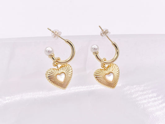 Cute Dangle Heart Huggie Earrings with Pearl Shell in 18K Gold Plated Copper 3 pair