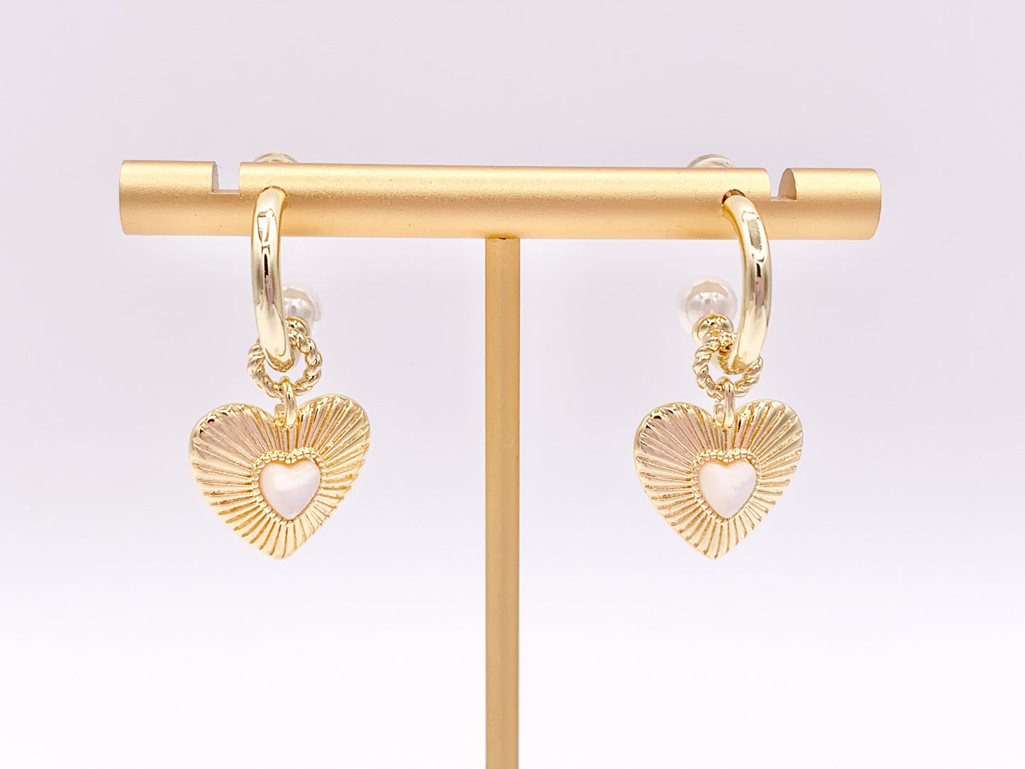Cute Dangle Heart Huggie Earrings with Pearl Shell in 18K Gold Plated Copper 3 pair