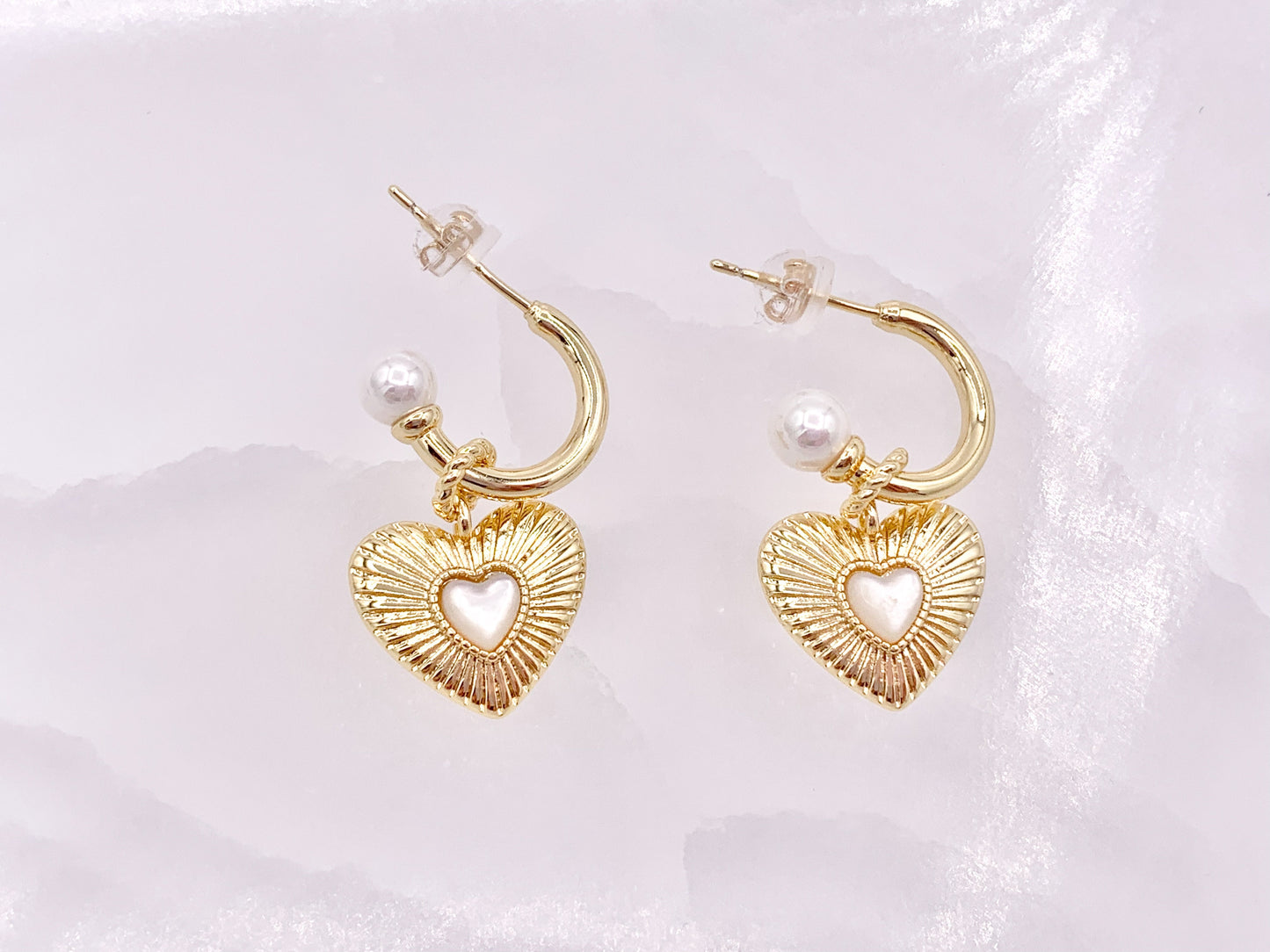 Cute Dangle Heart Huggie Earrings with Pearl Shell in 18K Gold Plated Copper 3 pair