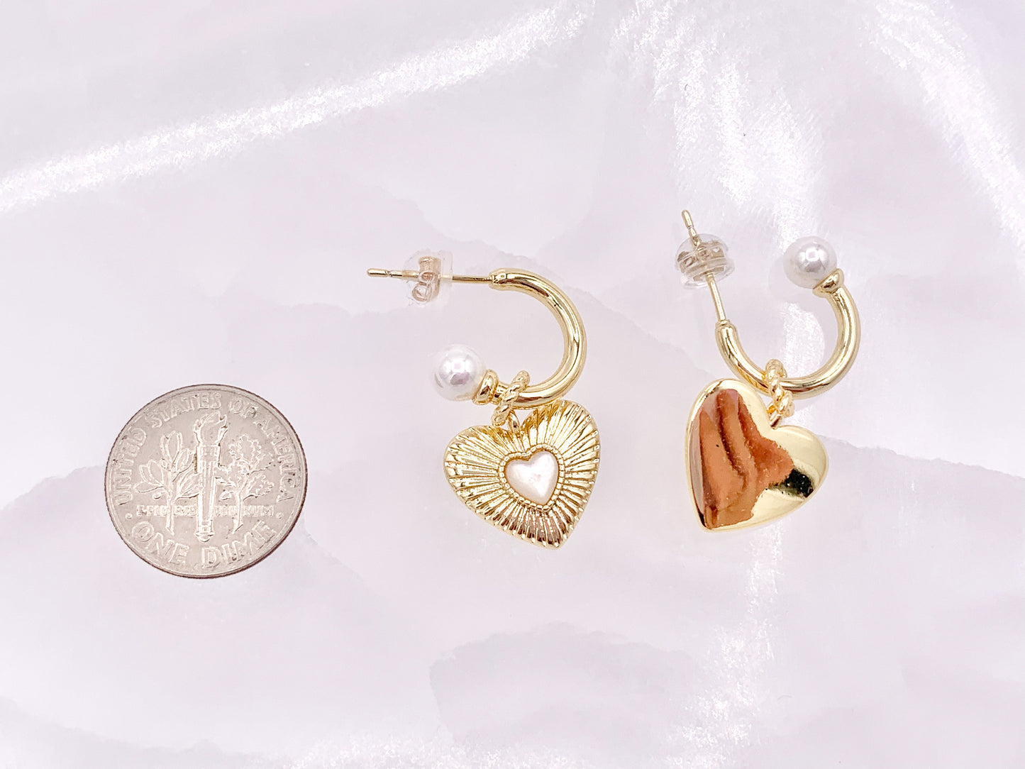 Cute Dangle Heart Huggie Earrings with Pearl Shell in 18K Gold Plated Copper 3 pair