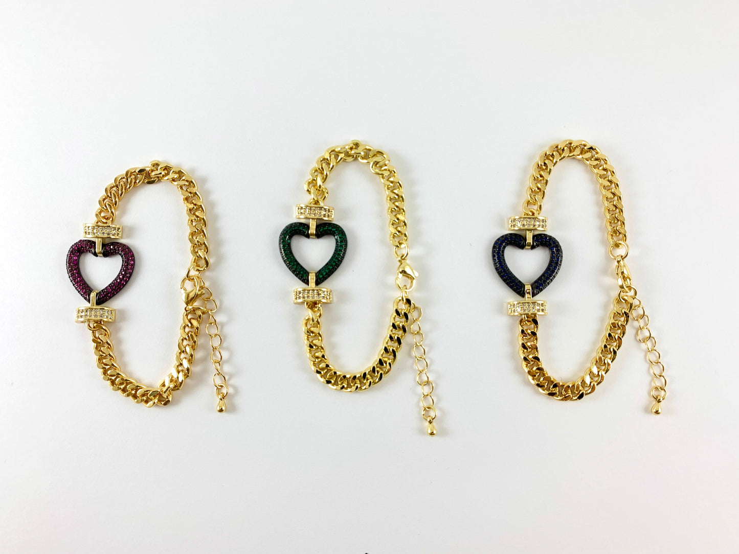 18K Gold Plated Plated CZ Pave Cuban Link Heart Bracelet with Extender 1pc