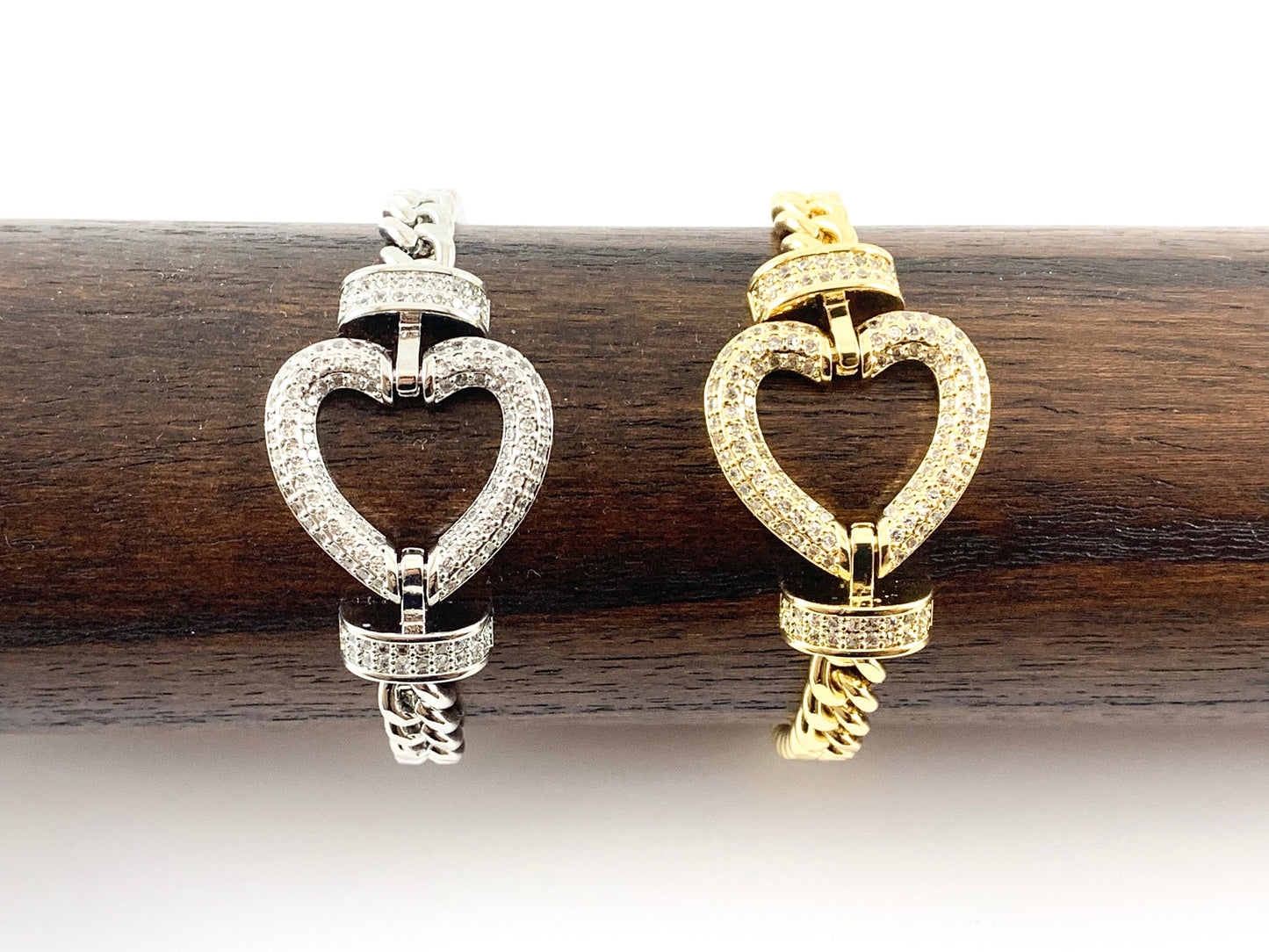 18K Gold Plated/Platinum Plated CZ Pave Heart Cuban Link Bracelet with Extender 1pc