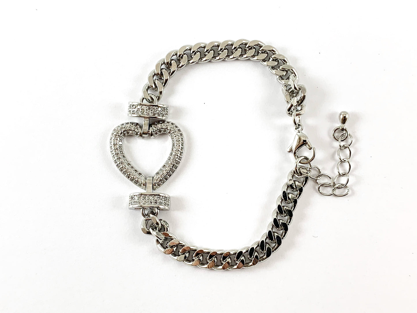 18K Gold Plated/Platinum Plated CZ Pave Heart Cuban Link Bracelet with Extender 1pc