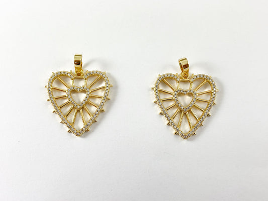 Heart Blast Pendant - CZ Pave 18K Gold Plated Filigree Heart in Heart in Copper Base 5pcs