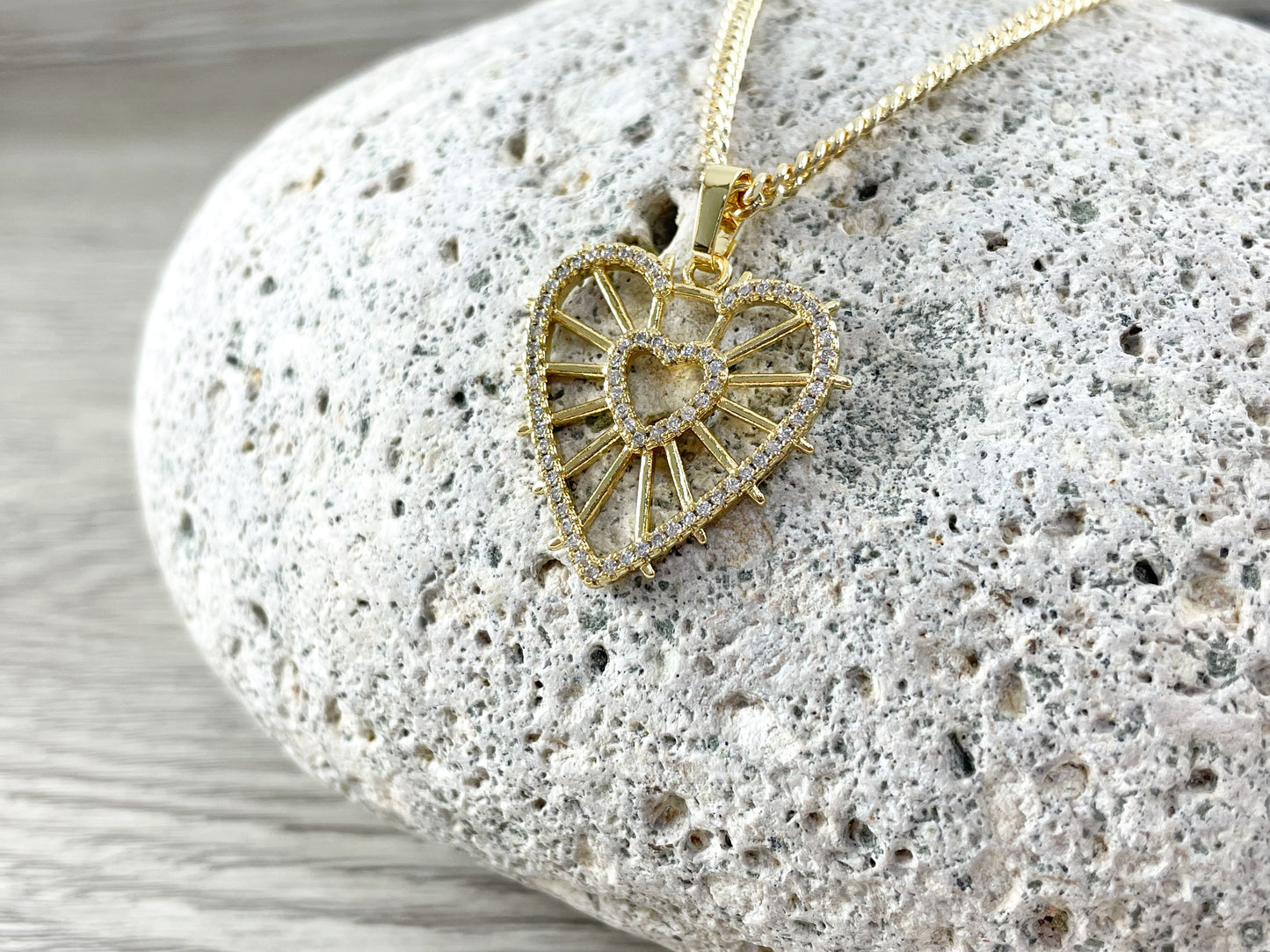 Heart Blast Pendant - CZ Pave 18K Gold Plated Filigree Heart in Heart in Copper Base 5pcs