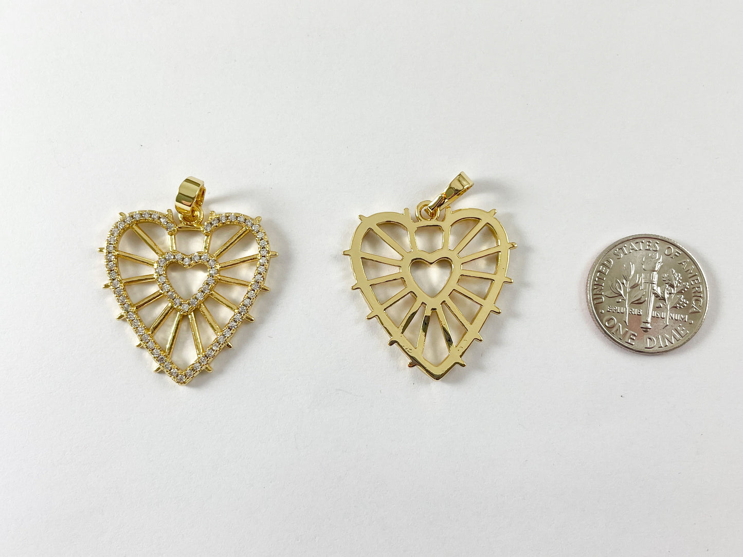 Heart Blast Pendant - CZ Pave 18K Gold Plated Filigree Heart in Heart in Copper Base 5pcs