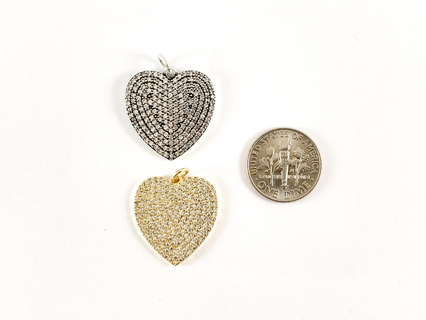 18K gold plated Antique Silver Plated Rhinestone CZ Pave Heart Pendant 3pcs